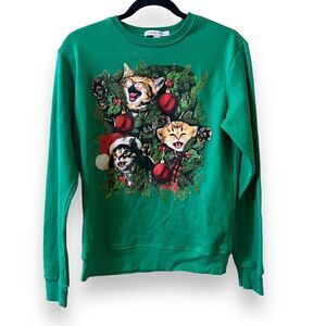 Celebrate Together Creepy Singing Cats Christmas Sweatshirt Medium Green